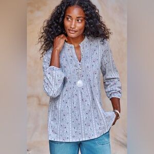 Pure Jill Organic Cotton Gray Floral Pintuck Popover Blouse Cottagecore Size M